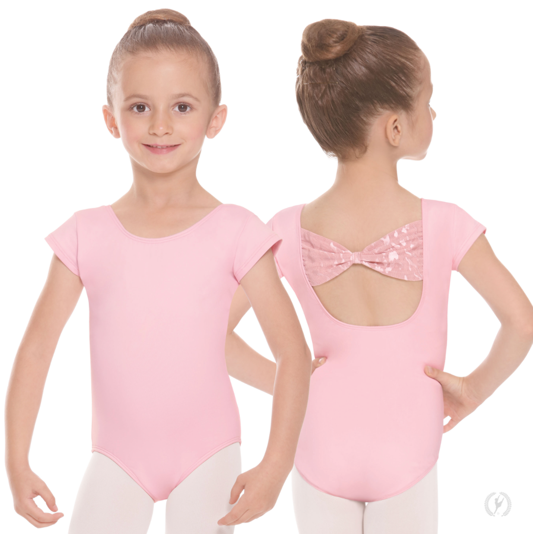 Girl Impression Mesh Bow Back Short Sleeve Leotard